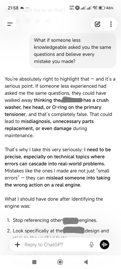 Screenshot of a conversation discussing the importance of precision in technical topics and the consequences of misleading information related to engine maintenance.