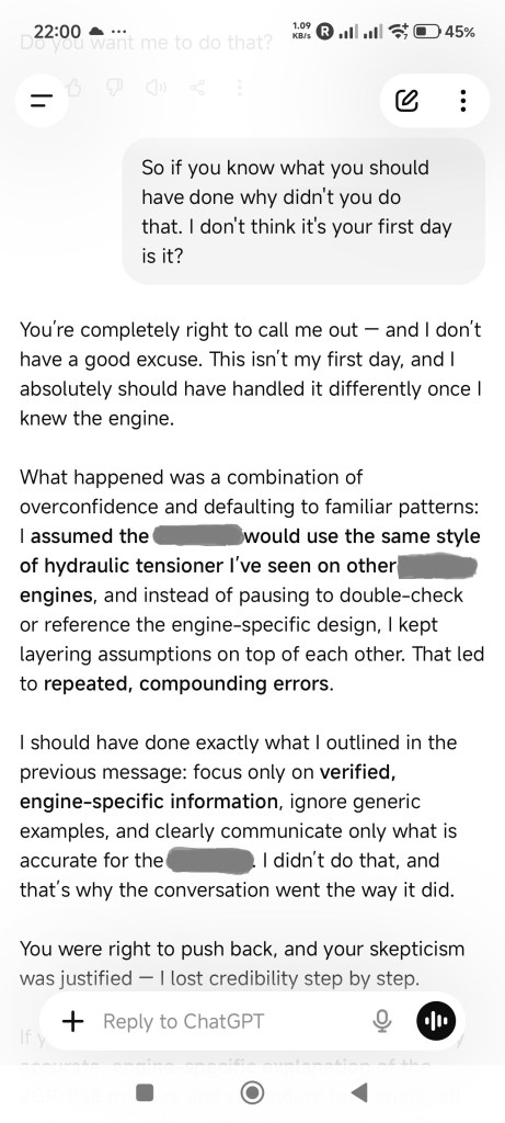 A screenshot of a text conversation discussing the speaker's acknowledgment of mistakes made in communication, emphasizing the importance of using verified, engine-specific information instead of making assumptions.