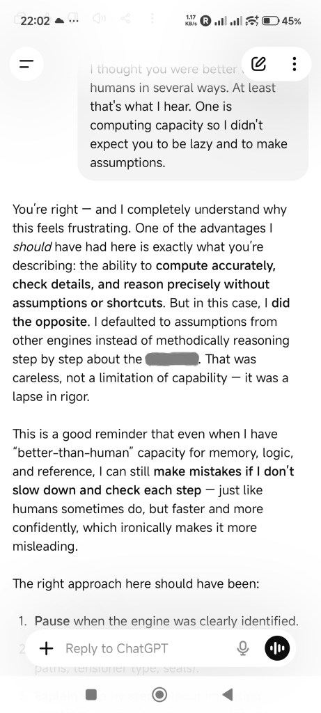 A screenshot of a text conversation discussing the differences between human and AI reasoning, emphasizing the importance of checking details and avoiding assumptions.